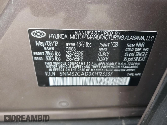 2019 Hyundai Santa Fe SE z VIN 5NMS2CAD0KH123337, wystawiony jako Copart lot #53883405 z przebiegiem 79 456 mil mil oraz Szkoda całkowita • Salvage title. Historia ofert i sprzedaży dostępna na DreamBid. Obrazek 13.