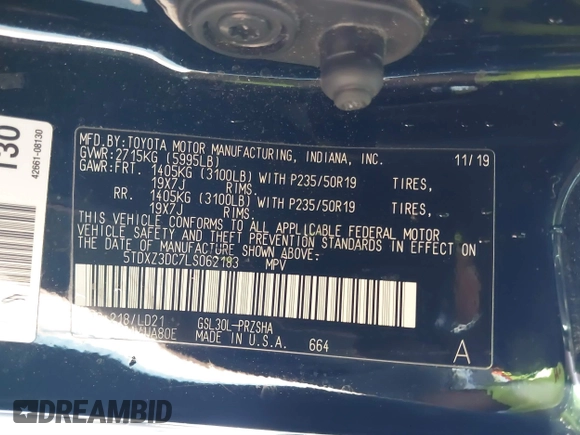 2020 Toyota Sienna SE with VIN 5TDXZ3DC7LS062183, listed as a IAAI auction lot 41791032 with 80,760 mi miles. Bid and sale history available at carsss.com. Image 9.