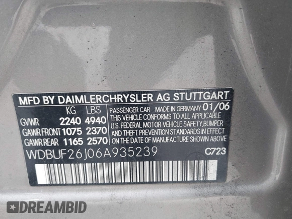2006 Mercedes-Benz E 320 CDI with VIN WDBUF26J06A935239, listed as a IAAI auction lot 41657552 with 230,067 mi miles and . Bid and sale history available at DreamBid. Image 9.