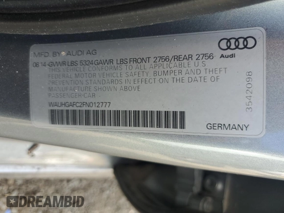 2015 Audi A6 Prestige with VIN WAUHGAFC2FN012777, listed as a Copart auction lot 64166135 with 99,280 mi miles and Salvage title. Bid and sale history available at DreamBid. Image 12.