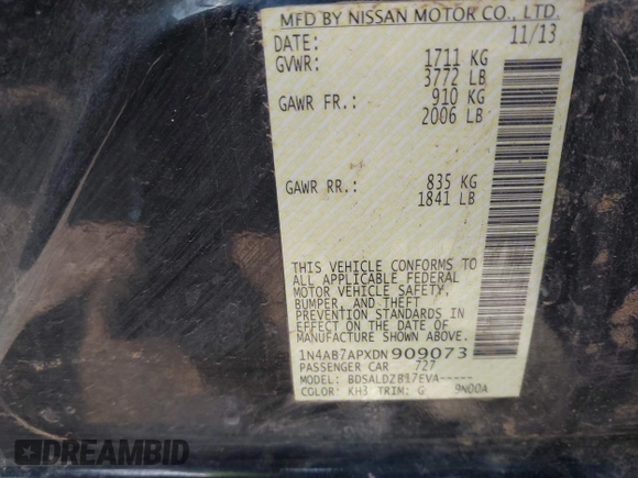 2013 Nissan Sentra SV with VIN 1N4AB7APXDN909073, listed as a IAAI auction lot 41978634 with 177,756 mi miles and . Bid and sale history available at DreamBid. Image 9.