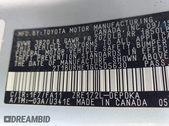 2016 Toyota Corolla L with VIN 2T1BURHE1GC505630, listed as a IAAI auction lot 42056181 with 134,147 mi miles and . Bid and sale history available at DreamBid. Image 9.