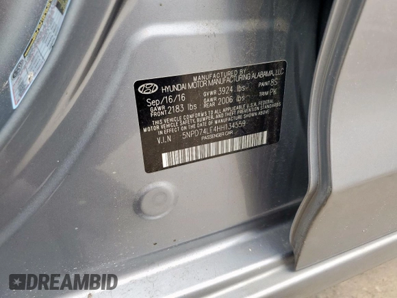 2017 Hyundai Elantra SE with VIN 5NPD74LF4HH134559, listed as a Copart auction lot 57276095 with 121,345 mi miles and Salvage title. Bid and sale history available at DreamBid. Image 12.