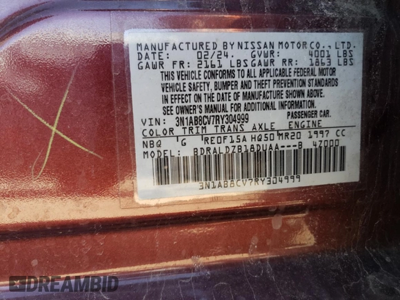 2024 Nissan Sentra SV with VIN 3N1AB8CV7RY304999, listed as a Copart auction lot 47881475 with 39,071 mi miles and Salvage Title. Bid and sale history available at DreamBid. Image 12.