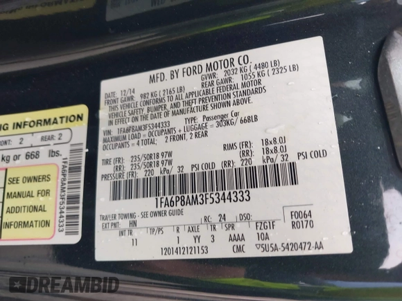 2015 Ford Mustang V6 with VIN 1FA6P8AM3F5344333, listed as a IAAI auction lot 42623531 with 121,278 mi miles and . Bid and sale history available at DreamBid. Image 9.