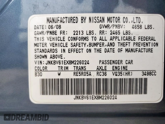 2008 Infiniti G35 Journey with VIN JNKBV61EX8M226024, listed as a Copart auction lot 60492915 with 172,313 mi miles and Salvage title. Bid and sale history available at DreamBid. Image 13.