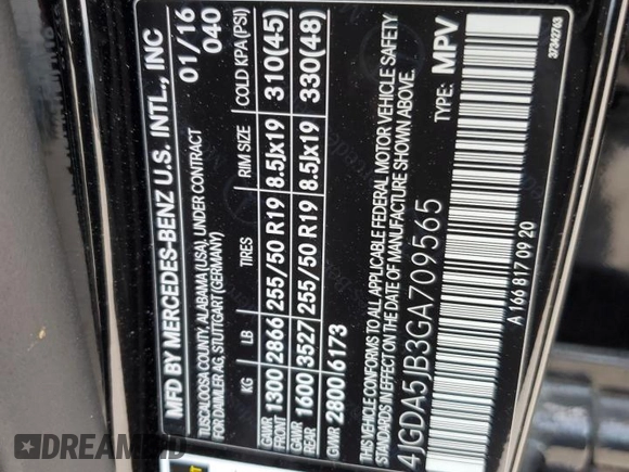 2016 Mercedes-Benz GLE 350 with VIN 4JGDA5JB3GA709565, listed as a Copart auction lot 54980125 with 96,876 mi miles and Salvage title. Bid and sale history available at DreamBid. Image 12.