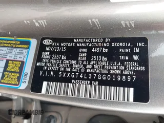 2016 Kia Optima LX with VIN 5XXGT4L37GG019897, listed as a IAAI auction lot 42582213 with 90,318 mi miles and . Bid and sale history available at DreamBid. Image 9.
