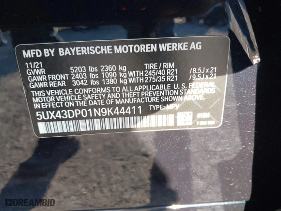 2022 BMW X3 sDrive30i with VIN 5UX43DP01N9K44411, listed as a IAAI auction lot 41904786 with 69,749 mi miles. Bid and sale history available at carsss.com. Image 9.