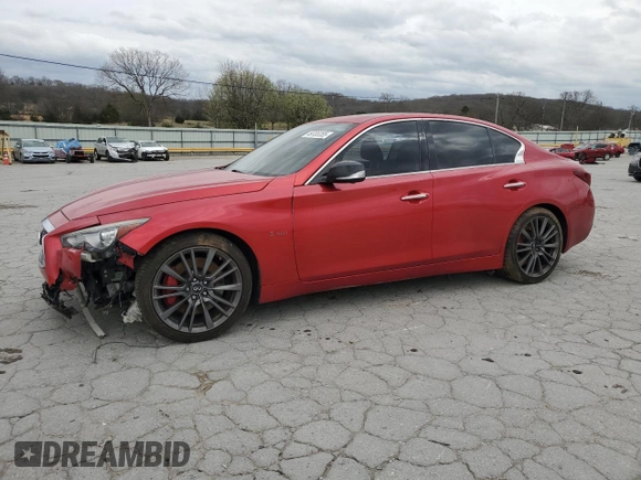 2018 Infiniti Q50 Red Sport 400 with VIN JN1FV7AP5JM460848, listed as a Copart auction lot 49785355 with 88,963 mi miles and Clean Title. Bid and sale history available at carsss.com. Image 1.
