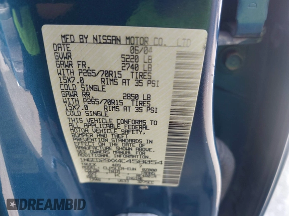 2004 Nissan Frontier XE z VIN 1N6ED29XX4C458054, wystawiony jako IAAI lot #41781786 z przebiegiem 198 165 mil mil oraz . Historia ofert i sprzedaży dostępna na DreamBid. Obrazek 9.