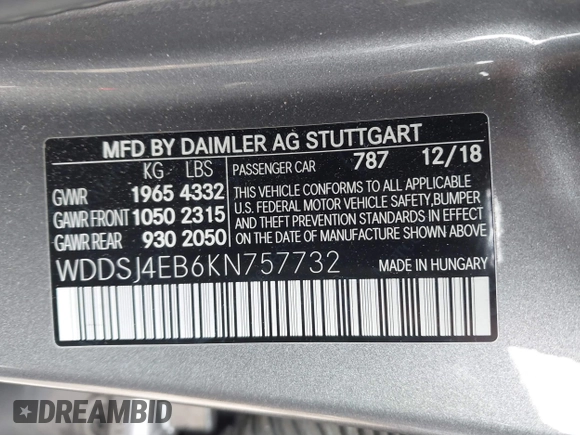 2019 Mercedes-Benz CLA with VIN WDDSJ4EB6KN757732, listed as a IAAI auction lot 41576672 with 69,770 mi miles. Bid and sale history available at carsss.com. Image 9.