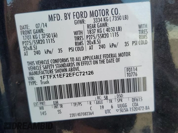 2014 Ford F-150 XL with VIN 1FTFX1EF2EFC72126, listed as a Copart auction lot 56634465 with 193,838 mi miles and Non repairable. Bid and sale history available at DreamBid. Image 12.