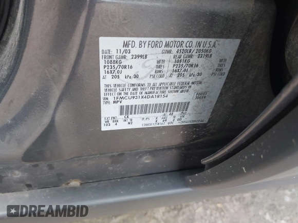 2004 Ford Escape XLT z VIN 1FMCU931X4DA18154, wystawiony jako IAAI lot #42364169 z przebiegiem 173 391 mil mil oraz . Historia ofert i sprzedaży dostępna na DreamBid. Obrazek 9.