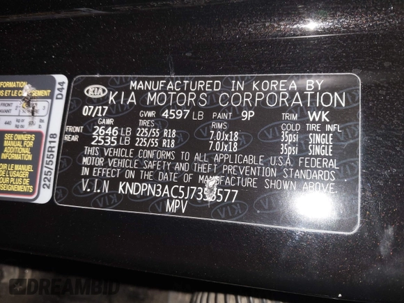 2018 Kia Sportage EX with VIN KNDPN3AC5J7353577, listed as a IAAI auction lot 42058456 with 156,783 mi miles and . Bid and sale history available at DreamBid. Image 9.