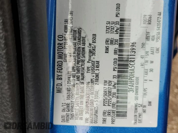 2012 Ford Fusion SE with VIN 3FAHP0HA5CR113996, listed as a Copart auction lot 61721035 with 86,749 mi miles and Salvage title. Bid and sale history available at DreamBid. Image 12.