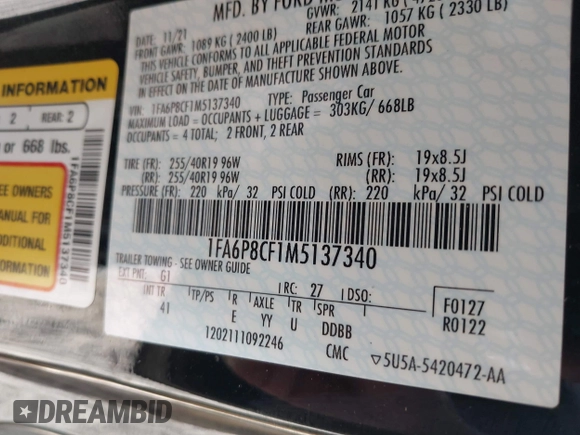 2021 Ford Mustang GT with VIN 1FA6P8CF1M5137340, listed as a IAAI auction lot 42196670 with 52,111 mi miles and . Bid and sale history available at DreamBid. Image 9.
