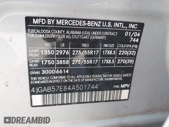 2004 Mercedes-Benz M 350 with VIN 4JGAB57E84A501744, listed as a IAAI auction lot 42271880 with 183,498 mi miles and . Bid and sale history available at DreamBid. Image 9.