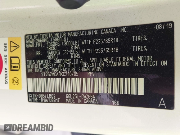 2019 Lexus RX 350 with VIN 2T2BZMCA3KC210705, listed as a IAAI auction lot 42094669 with 57,070 mi miles and . Bid and sale history available at DreamBid. Image 9.