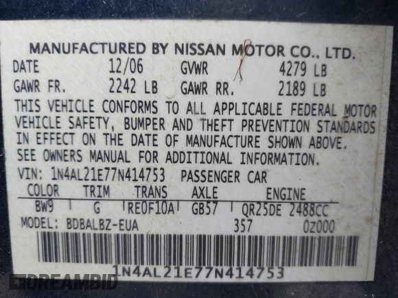 2007 Nissan Altima 2.5 with VIN 1N4AL21E77N414753, listed as a IAAI auction lot 41154515 with 182,798 mi miles. Bid and sale history available at carsss.com. Image 9.