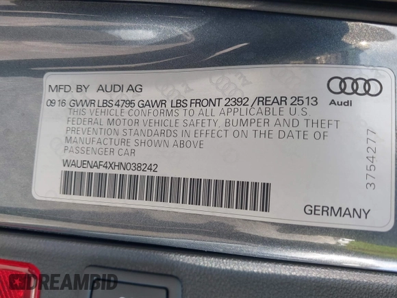 2017 Audi A4 Premium Plus with VIN WAUENAF4XHN038242, listed as a IAAI auction lot 42630736 with 128,823 mi miles and . Bid and sale history available at DreamBid. Image 9.