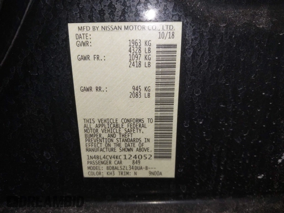 2019 Nissan Altima SR with VIN 1N4BL4CV4KC124052, listed as a IAAI auction lot 41684752 with 102,450 mi miles and . Bid and sale history available at carsss.com. Image 9.