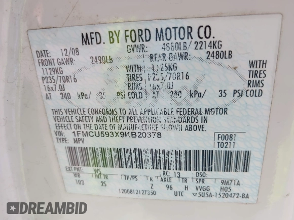 2009 Ford Escape Hybrid с VIN 1FMCU593X9KB20378, выставлен на аукционе IAAI как лот 42355245 с пробегом 173 055 миль миль и . История ставок и продаж доступна на DreamBid. Изображение 9.