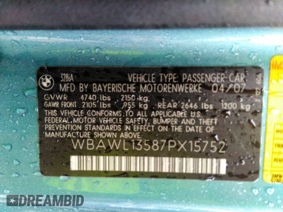 2007 BMW 3 Series 328i z VIN WBAWL13587PX15752, wystawiony jako IAAI lot #41819716 z przebiegiem Nie podano mil oraz . Historia ofert i sprzedaży dostępna na DreamBid. Obrazek 9.