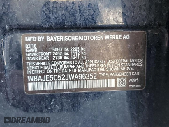 2018 BMW 5 Series 540i with VIN WBAJE5C52JWA96352, listed as a Copart auction lot 58902825 with Not provided miles and Salvage title. Bid and sale history available at DreamBid. Image 12.