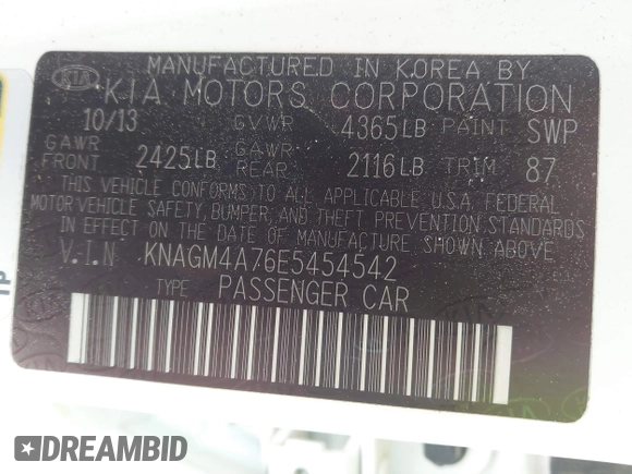 2014 Kia Optima LX with VIN KNAGM4A76E5454542, listed as a IAAI auction lot 42006510 with 192,291 mi miles and . Bid and sale history available at carsss.com. Image 9.