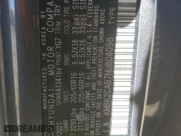 2022 Hyundai Kona SE with VIN KM8K2CAB7NU804098, listed as a Copart auction lot 46596695 with 94,553 mi miles and Salvage Title. Bid and sale history available at carsss.com. Image 13.
