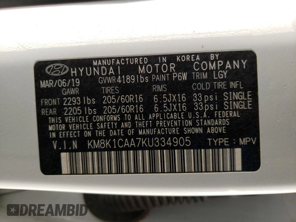2019 Hyundai Kona SE with VIN KM8K1CAA7KU334905, listed as a Copart auction lot 64277572 with 69,604 mi miles. Bid and sale history available at carsss.com. Image 10.