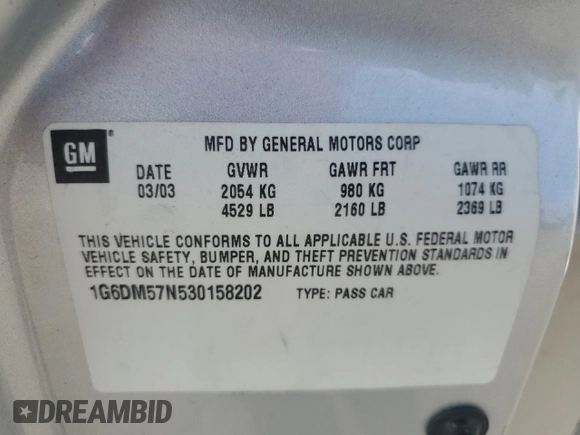 2003 Cadillac CTS with VIN 1G6DM57N530158202, listed as a Copart auction lot 64587555 with 160,971 mi miles and Clean title. Bid and sale history available at DreamBid. Image 12.