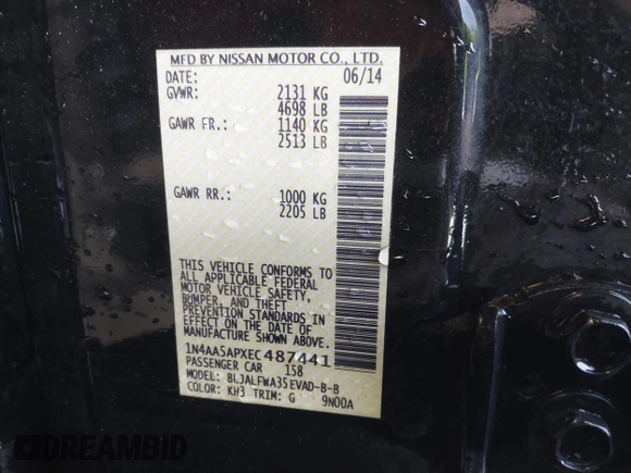 2014 Nissan Maxima S with VIN 1N4AA5APXEC487441, listed as a IAAI auction lot 40865155 with 153,495 mi miles and . Bid and sale history available at DreamBid. Image 9.