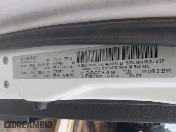 2018 Ram 1500 Tradesman with VIN 3C6JR6AG2JG158109, listed as a IAAI auction lot 41456891 with 102,851 mi miles and . Bid and sale history available at DreamBid. Image 9.