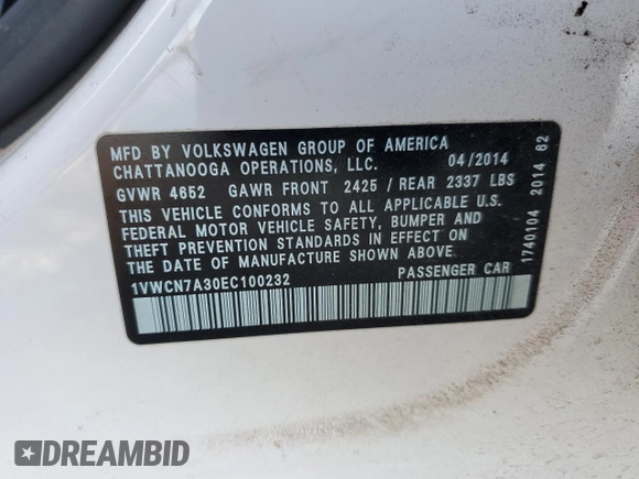2014 Volkswagen Passat SEL Premium z VIN 1VWCN7A30EC100232, wystawiony jako Copart lot #48228355 z przebiegiem 127 832 mil mil oraz Szkoda całkowita • Salvage title. Historia ofert i sprzedaży dostępna na DreamBid. Obrazek 14.