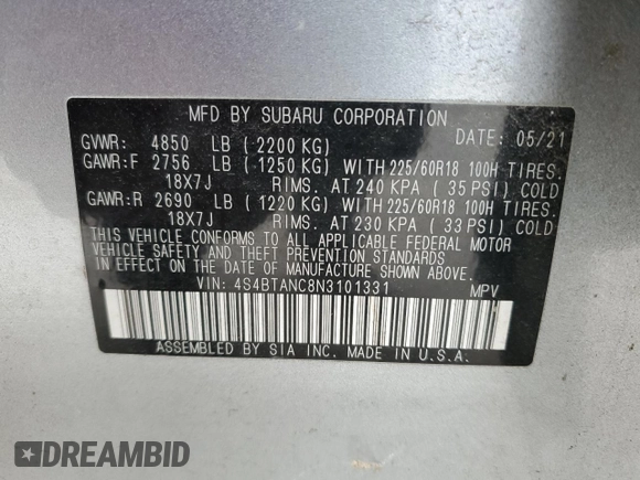 2022 Subaru Outback Limited with VIN 4S4BTANC8N3101331, listed as a Copart auction lot 41754675 with Not Provided miles and Non Repairable. Bid and sale history available at DreamBid. Image 13.
