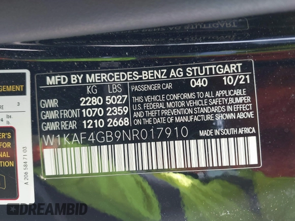 2022 Mercedes-Benz C 300 with VIN W1KAF4GB9NR017910, listed as a IAAI auction lot 42181450 with 41,588 mi miles and . Bid and sale history available at DreamBid. Image 9.