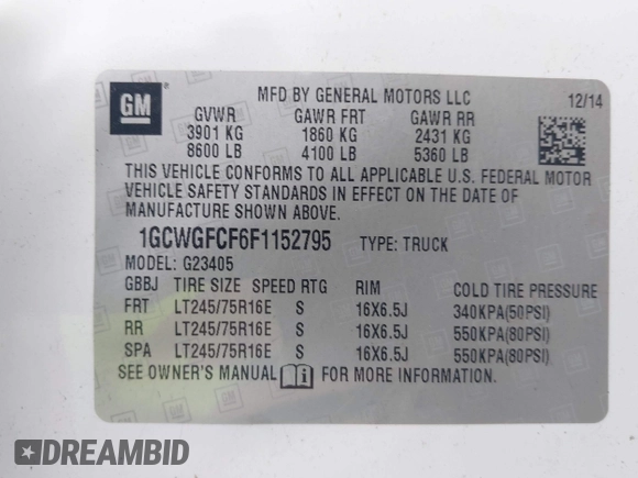 2015 Chevrolet Express Cargo Van with VIN 1GCWGFCF6F1152795, listed as a IAAI auction lot 41912147 with 101,265 mi miles. Bid and sale history available at carsss.com. Image 9.