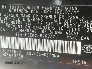 2011 Toyota Camry LE with VIN 4T4BF3EK2BR208722, listed as a IAAI auction lot 42203369 with 245,886 mi miles and . Bid and sale history available at carsss.com. Image 9.