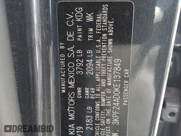 2019 Kia Forte LXS with VIN 3KPF24AD0KE137849, listed as a Copart auction lot 50639885 with 42,248 mi miles and Salvage Title. Bid and sale history available at DreamBid. Image 15.