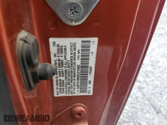 2003 Honda Element EX with VIN 5J6YH18503L015483, listed as a Copart auction lot 49429465 with 218,937 mi miles and Salvage Title. Bid and sale history available at DreamBid. Image 13.