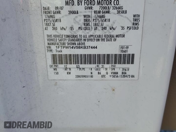 2008 Ford F-150 XLT with VIN 1FTPW14V58KB37444, listed as a Copart auction lot 50063545 with 165,536 mi miles and Salvage Title. Bid and sale history available at carsss.com. Image 14.