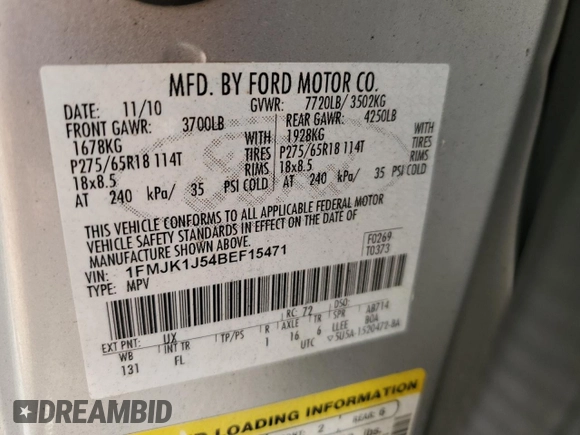 2011 Ford Expedition EL XLT with VIN 1FMJK1J54BEF15471, listed as a Copart auction lot 42741705 with 145,511 mi miles and Salvage Title. Bid and sale history available at carsss.com. Image 13.