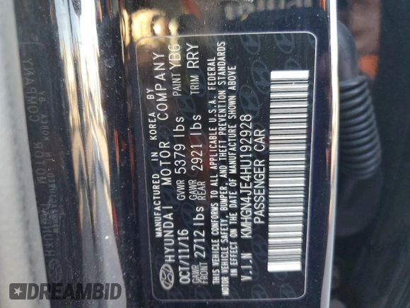 2017 Genesis G80 3.8L with VIN KMHGN4JE4HU192928, listed as a Copart auction lot 81608974 with 93,032 mi miles and Salvage Title. Bid and sale history available at DreamBid. Image 12.
