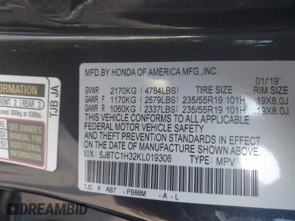 2019 Acura RDX with VIN 5J8TC1H32KL019306, listed as a IAAI auction lot 41937677 with 109,399 mi miles and . Bid and sale history available at DreamBid. Image 9.
