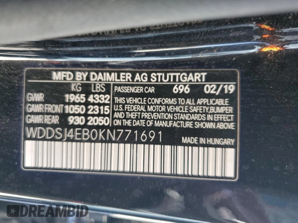2019 Mercedes-Benz CLA 250 with VIN WDDSJ4EB0KN771691, listed as a Copart auction lot 67153313 with 53,298 mi miles and . Bid and sale history available at DreamBid. Image 12.