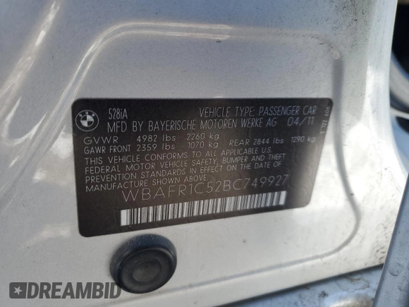 2011 BMW 5 Series 528i with VIN WBAFR1C52BC749927, listed as a Copart auction lot 44520165 with 125,434 mi miles and Salvage Title. Bid and sale history available at carsss.com. Image 12.