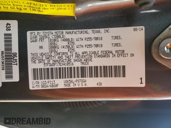 2014 Toyota Tundra 4WD Truck SR5 with VIN 5TFDW5F17EX410516, listed as a Copart auction lot 54867235 with 220,651 mi miles and Salvage Title. Bid and sale history available at carsss.com. Image 12.