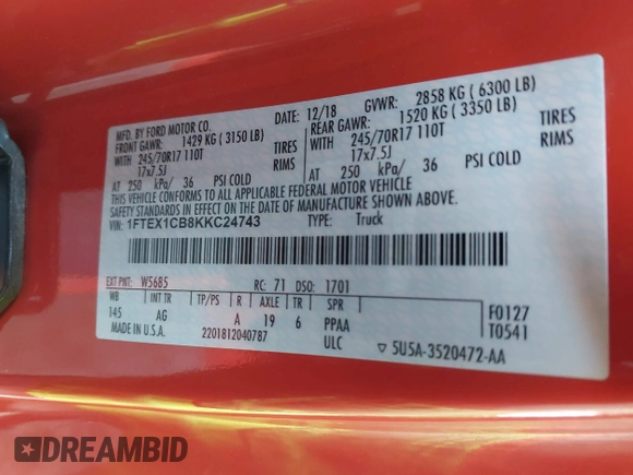 2019 Ford F-150 XL with VIN 1FTEX1CB8KKC24743, listed as a IAAI auction lot 42505792 with 74,448 mi miles and . Bid and sale history available at DreamBid. Image 9.